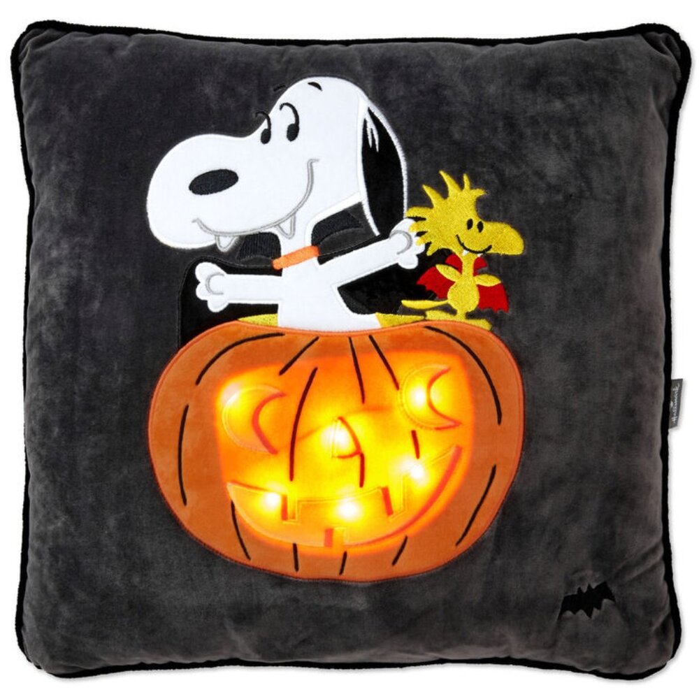 Hallmark Peanuts Snoopy & Woodstock Halloween Light-Up Pumpkin Pillow 17” x 17”